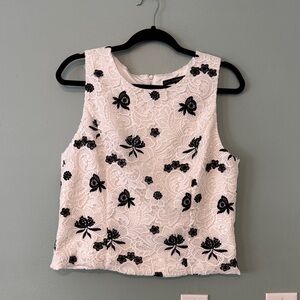White House Black Market White Lace Tank with Black Floral Appliqué